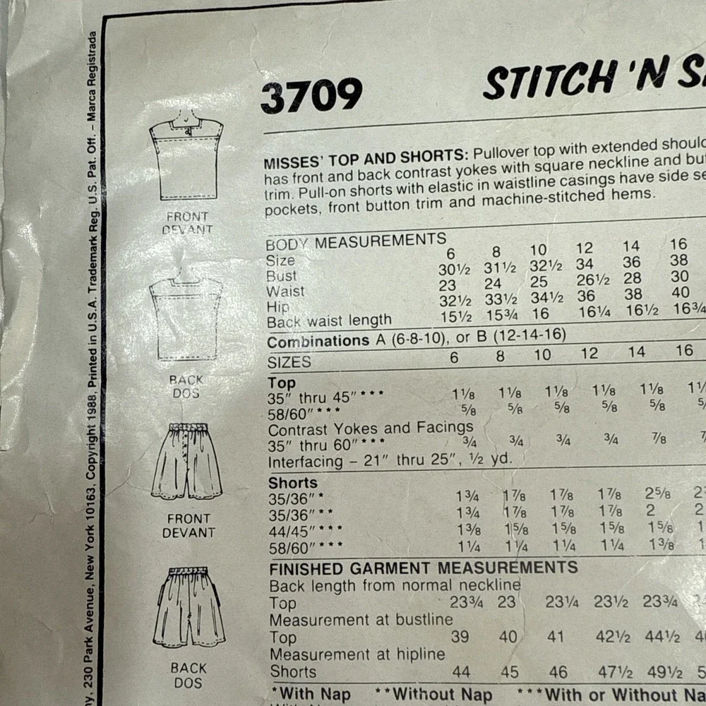 Vtg McCall's Pattern 3709 Women's Pull On‎ Shorts Top Cut 1980s 6 8 10 Normcore